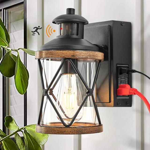 Dusk to Dawn Motion Sensor Outdoor Porch Light with GFCI Outlet,3 Lighting Modes Anti-Rust Waterproof Industrial Outdoor Lantern,UL ETL Listed,Exterior Work Lights Rustic Wood-Like Finish Wall Light