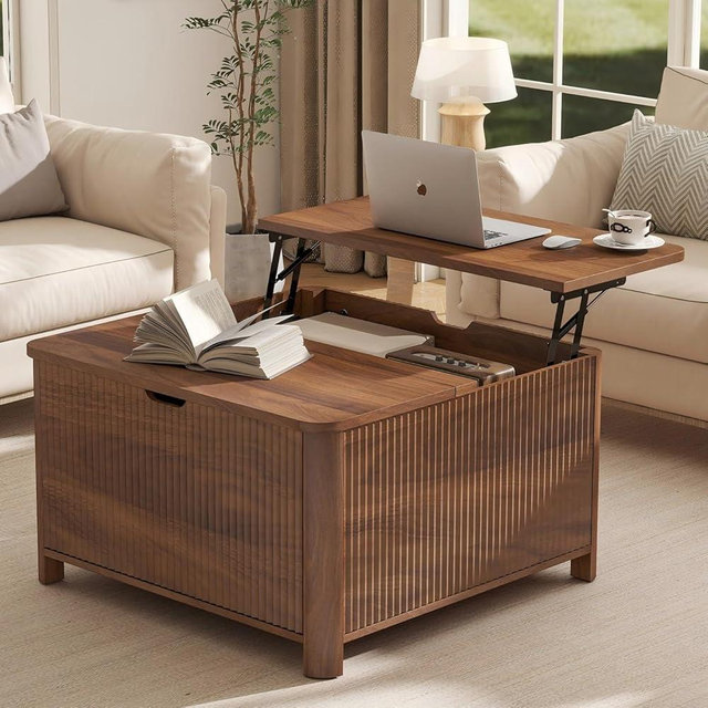 LYNCOHOME 31.5" Fluted Lift Top Coffee Table with Storage, Square Coffee Tables for Living Room, Coffee Table with Large Hidden Storage Compartment and Adjustable Shelves，Walnut