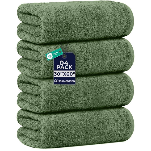 DAN RIVER Extra Large Bath Towels Set of 4, 30 x 60 Inches - 100% Cotton Larger & Lighter Weight Towels for Bathroom - Quicker to Dry, Super Soft & Highly Absorbent Towels for Home, Sage Green