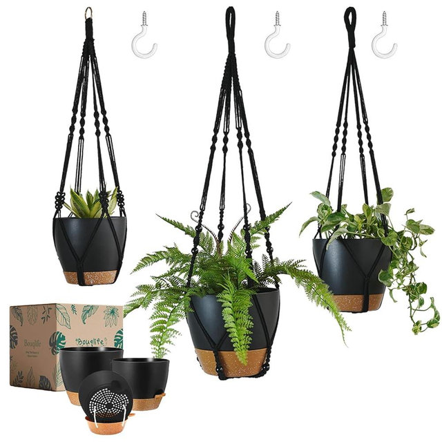 Bouqlife 3 Pack Self Watering Hanging Planters Macrame Plant Hangers with Indoor Flower Pots 10" / 8" / 7", 3 Different Size Hanging Basket, Plant Hanger with Hooks for Garden Home Decor Black Large