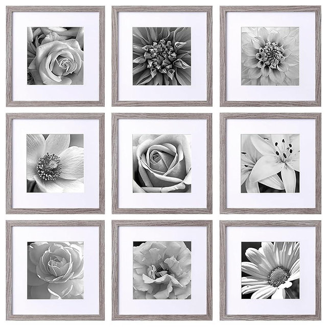 eletecpro 12x12 Picture Frames Set of 9 Matted to 8x8 Photo or 12x12 No Mat, Classic Gallery Wall Frame Set, Grey Picture Frames Collage Wall Decor, Square Framhouse Home Decor