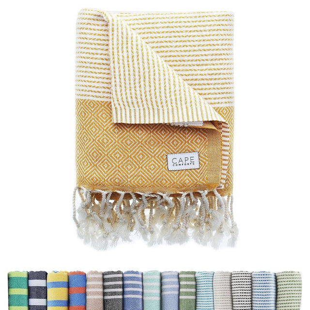 Cape Comforts Oversized Turkish Beach Towel, Diamond Dobby Sunflower - 37'' x 67'' - Super Soft & Lightweight | Quick Dry Sand Free Travel Towels for Beach or Bath | Gifts