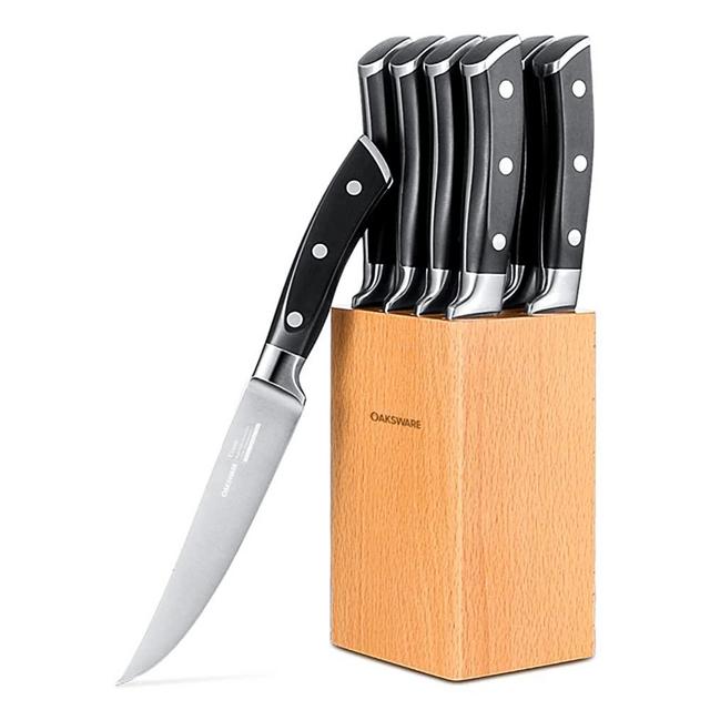OAKSWARE Steak Knife Set of 8 with Block, 4.5 inch Non Serrated Steak Knife Set , 8 Pieces Professional Straight Edge Kitchen Table Dinner Knives - Forged German Steel - Full Tang Triple Rivets Handle