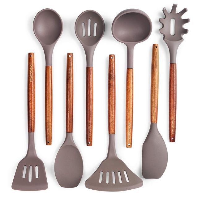 Silicone Kitchen Utensil Set with Acacia Wood Handles - Non Stick, Heat and Water Resistant Cooking Spatulas - Antibacterial, Easy To Clean Serving Spoons - Extra Wide Slotted Turner