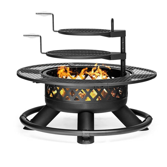 Panovue 47 Inch Outdoor Wood Burning Fire Pit with 2 Grills,Extra Large 3-in-1 Fire Pit with Metal Lid & Fire Poker, Heavy Duty BBQ Firepits for Outside, Backyard, Bonfire, Patio & Party (47'' Black)