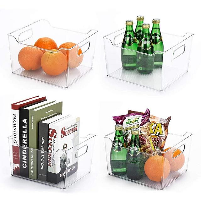 Glotoch Deep Plastic Kitchen Storage Organizer Container Bin with Handles for Pantry, Cabinets, Shelves, Refrigerator, Freezer - BPA Free, 4 Pack - Clear