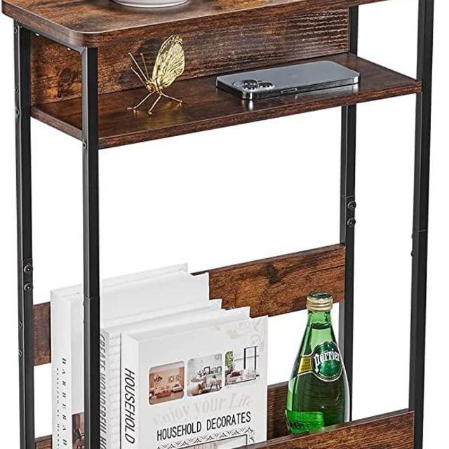 Vintage Narrow Side Table with Storage Shelf, 3 Tier Slim End Table Modern Sofa Table for Narrow and Small Spaces, 24.6 Inch Height Bedside Table Small Nightstand with Magazine Rack Space Saving