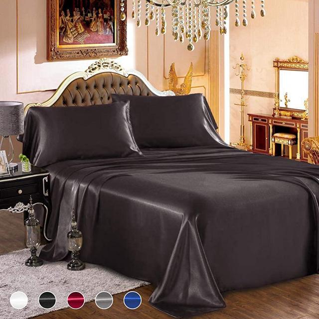 wavveUziz Satin Sheets King Size Black Satin Bed Sheet Set 16" Deep Pocket Silky Satin Sheet Set with 1 Fitted Sheet, 1 Flat Sheet and 2 Pillow Cases- Wrinkle, Fade, Stain Resistant- 4 Piece