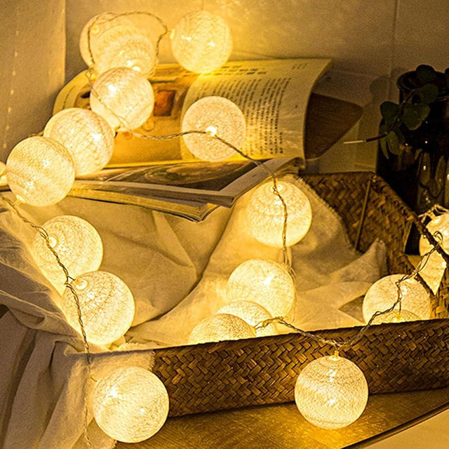 Anordsem Battery String Light for Indoor: 6.88Ft/10 LED Cotton Ball Lanterns 2 Pack - Bohemian Hanging Art Deco for Bedroom - Fairy Cozy Lighting for Adults Students Babies