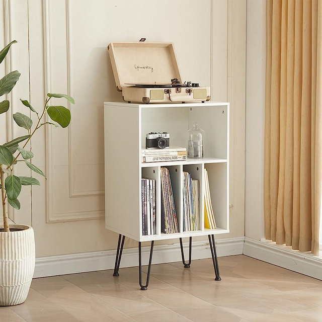 Leesingdo Record Player Stand with Vinyl Storage, Turntable Stand Holds Up to 150 Albums, Wood Vinyl Record Player Table Cabinet with Metal Legs for Living Room, Bedroom, Office (White)