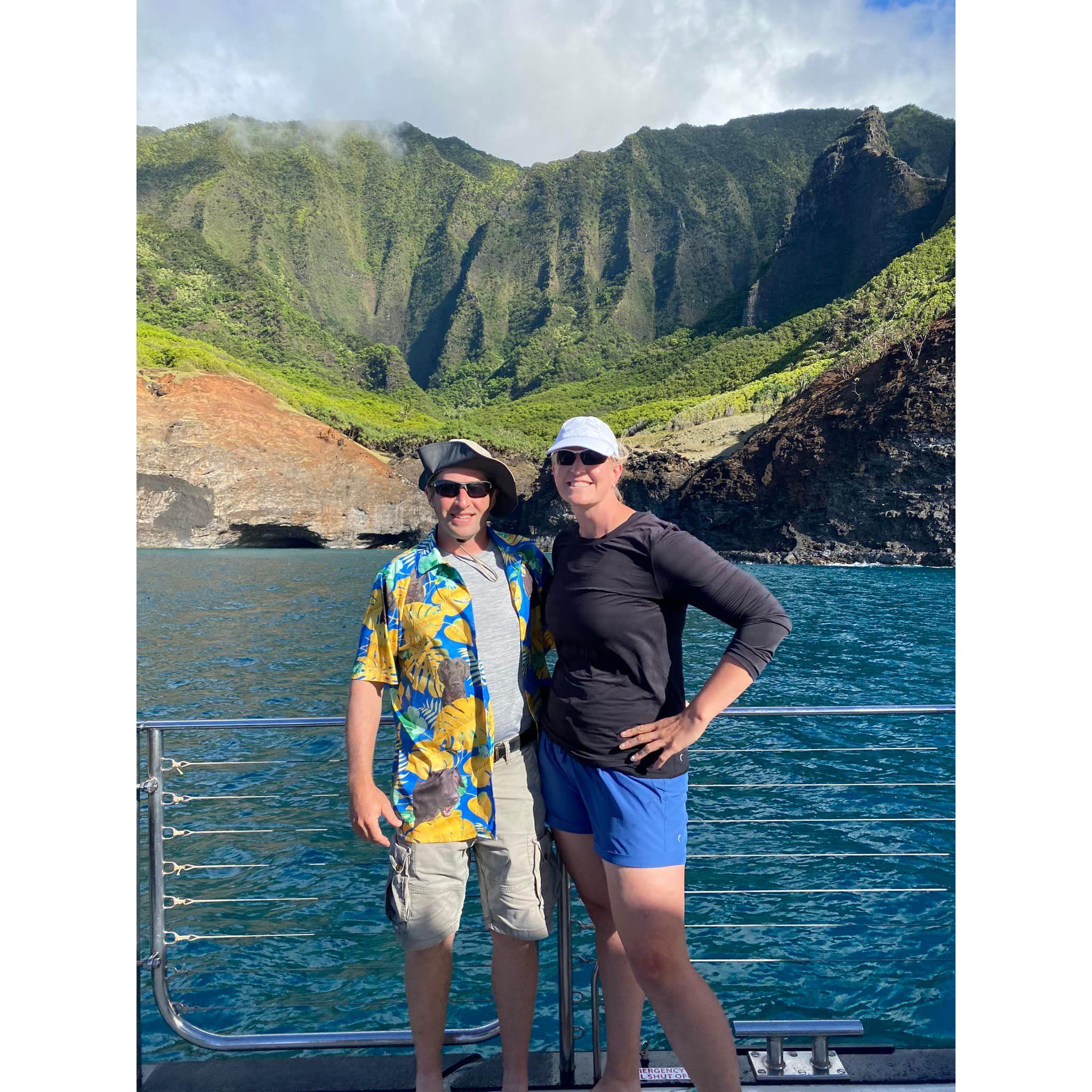 On the catamaran cruise in Kauai before Larry popped the question