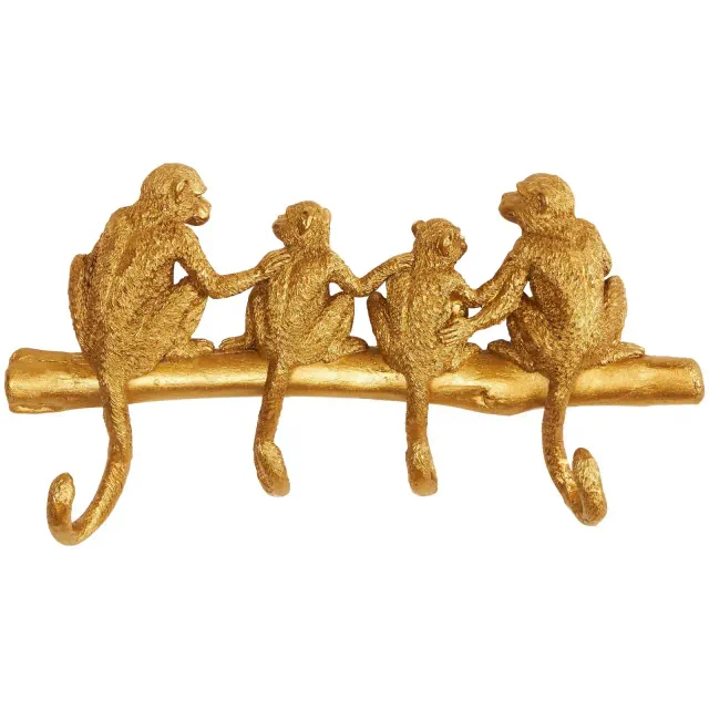 8"x15" Polystone Monkey Textured 4 Hanger Wall Hook Gold - Olivia & May: Satin Finish, Decorative Towel Hook