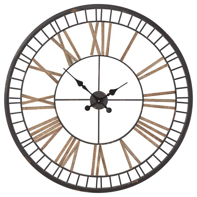 Stone Beam Vintage Farmhouse Style Decorative Metal Wall Clock - 32 Inches, Black