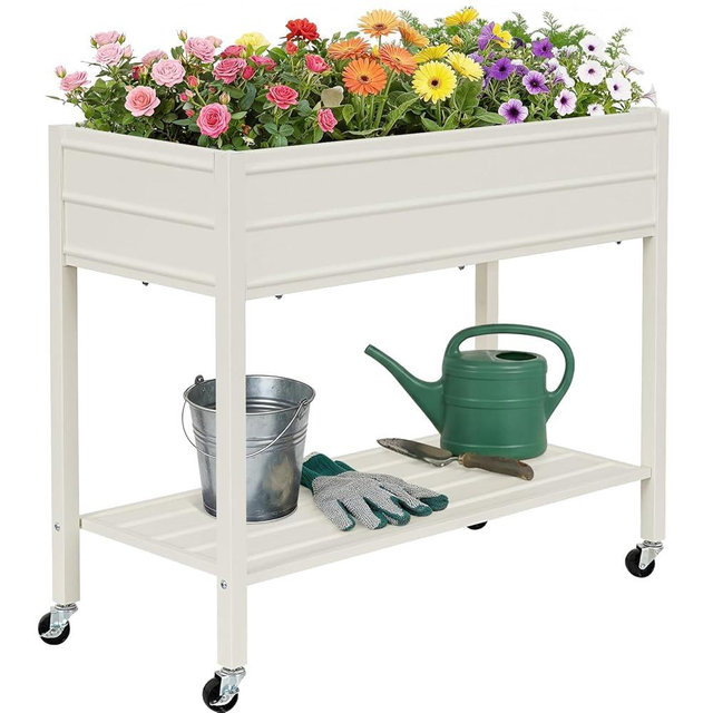 ZORMY 32" Tall Galvanized Raised Garden Bed with Legs Wheels & Shelf, Elevated Planter Box Outdoor for Vegetables, Herbs & Flowers, Patio & Backyard, Garden Bed with 400lb Capacity，White