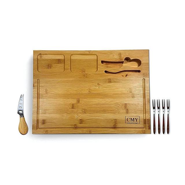 CMY COLLECTIONS Bamboo Cheese Board and Knife Set, Charcuterie Board, Cheese Platter, Serving Tray - Cutting Board, Chopping Board. Reversible 2-IN-1. Perfect Gift