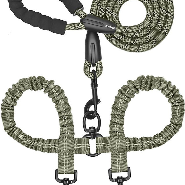 iYoShop Dual Dog Leash - 360° Swivel, No Tangle Walking Leash with Shock Absorbing Bungee for Two Dogs (Large, 25-150 lbs, Military Green)