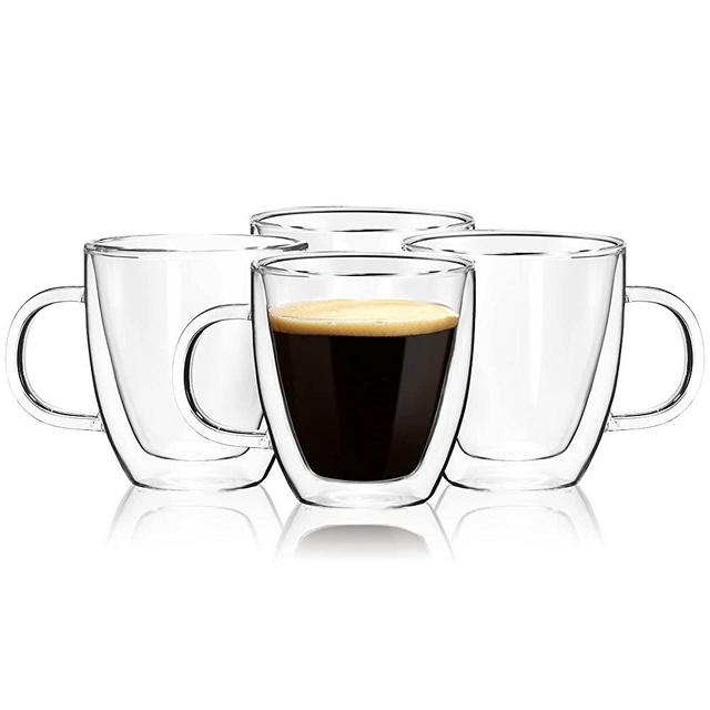 Double Wall Glass Espresso Mugs, (4-Pcak) 5.5 Ounces-Clear Glass Coffee Cups with Handle,Insulated Coffee Glass