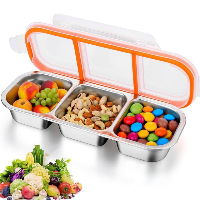 AIERSA 2Pcs Stainless Steel Snack Containers with Lids, Metal Snack Containers, 3 Compartment Food Container, Reusable Snack Container Stainless Steel