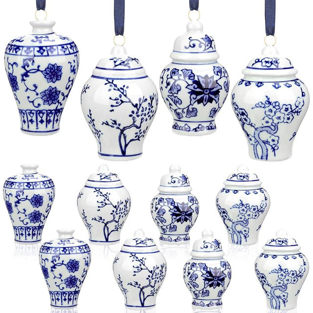 Peryiter 12 Pieces Christmas Chinoiserie Ornaments Mini Ginger Jar Porcelain Blue and White Ornaments Christmas Chinoiserie for Xmas Tree Decoration(Blue White,Retro)