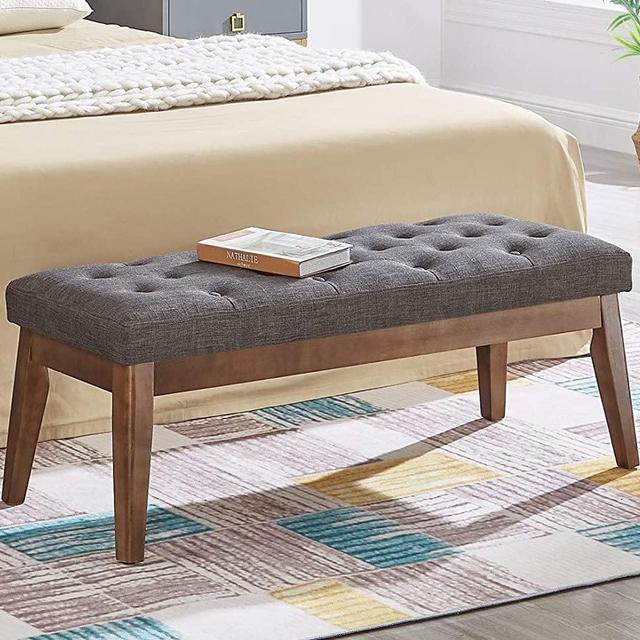 24KF Linen Upholstered Tufted Bench with Solid Wood Leg,Ottoman with Padded Seat-Dark Gray