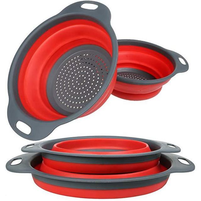 2-Pack Collapsible Colanders Set, YHXK Food Grade Silicone Folding Kitchen Vegetable Strainers - 11.5" and 9.7" Size with Handle, BPA Free, Dishwasher-Safe for Draining Pasta, Veggies, Fruit (Red)