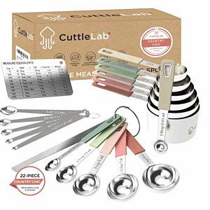 CuttleLab 22-Piece Stainless Steel Measuring Cups and Spoons Set, Tad Dash Pinch Smidgen Drop Mini Measuring Spoons, Measuring Stick Leveler, Measurement Conversion Chart Fridge Magnet, (Country Chic)