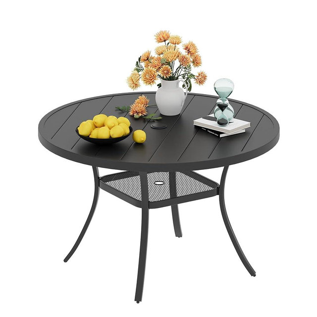 VICLLAX 48" Round Patio Dining Table for 4-6, Metal Outdoor Dining Table with Umbrella Hole for Garden Lawn Deck, Black