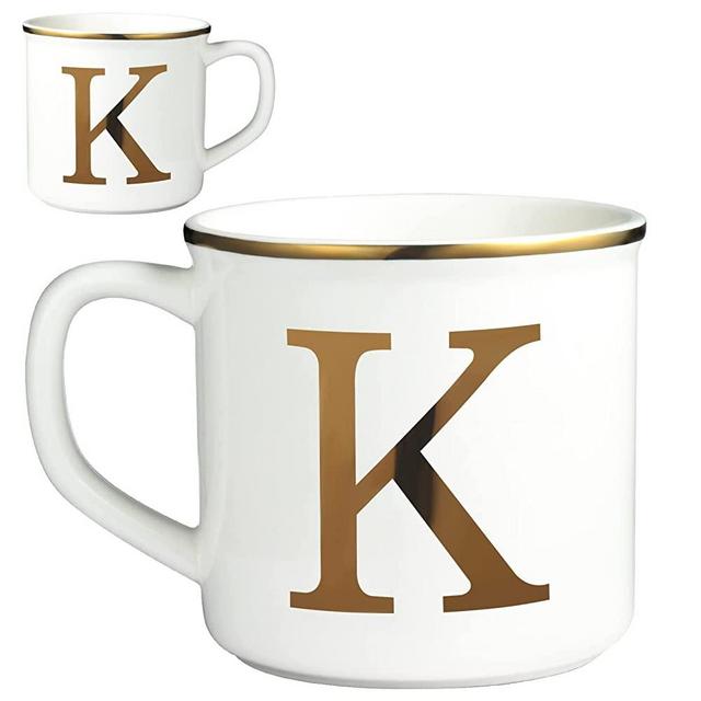 Miicol White Ceramic Coffee Mug, 16 Oz Monogrammed Personalized Large Cups- Gold Letters on Both Side- Gifts Mug to Man and Women Initials K