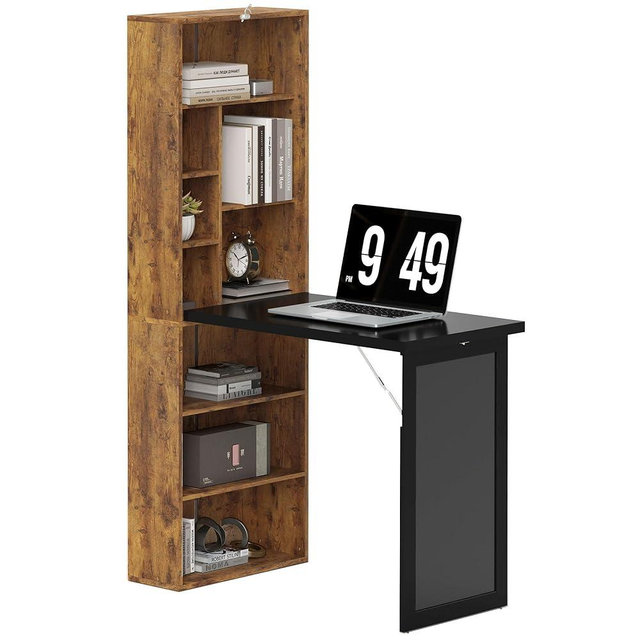HOMCOM Foldable Convertible Writing Table, Wall Mounted Space-Saving Computer Desk with Chalkboard and Storage Shelves for Small Spaces, Home Office, Bedroom, Dorm, Apartment, Rustic Brown