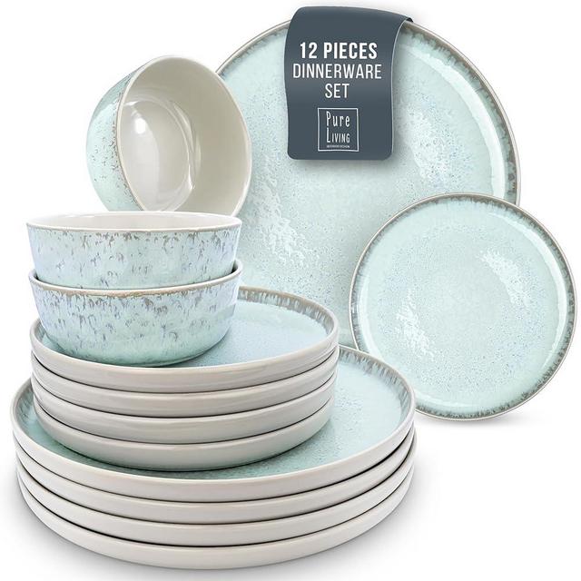 12 Piece Dinnerware Sets for 4 - Modern Style Stoneware Dinnerware Set - Scratch Resistant, Dishwasher, Microwave Safe Plates and Bowls Sets Ceramic, Bowl and Plate Set - Light Beige and Blue