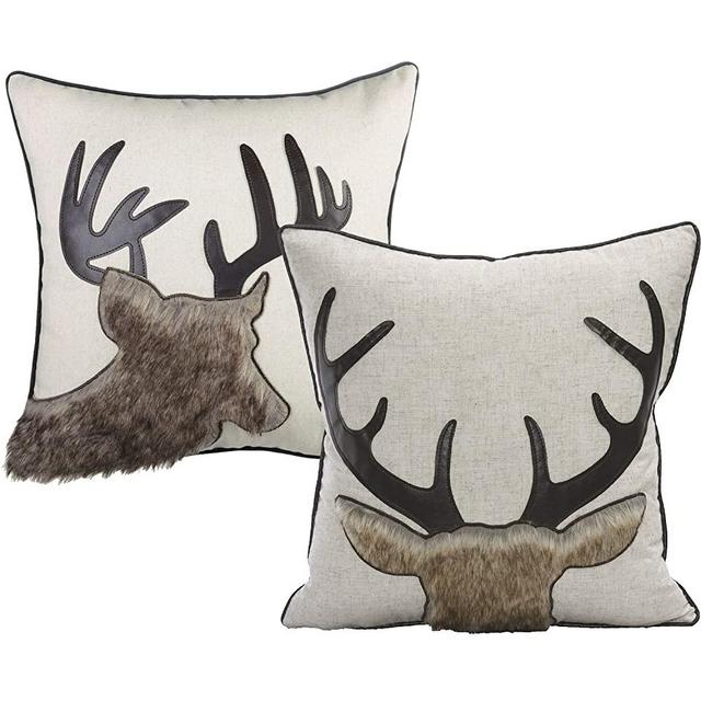 Little Funny Deer Throw Pillow Covers Farmhouse Deer Head Couch Pillow Decorative Linen Fur Deer Throw Pillow Case for Bed, Sofa, 18x18 Inch (Pack of 2)