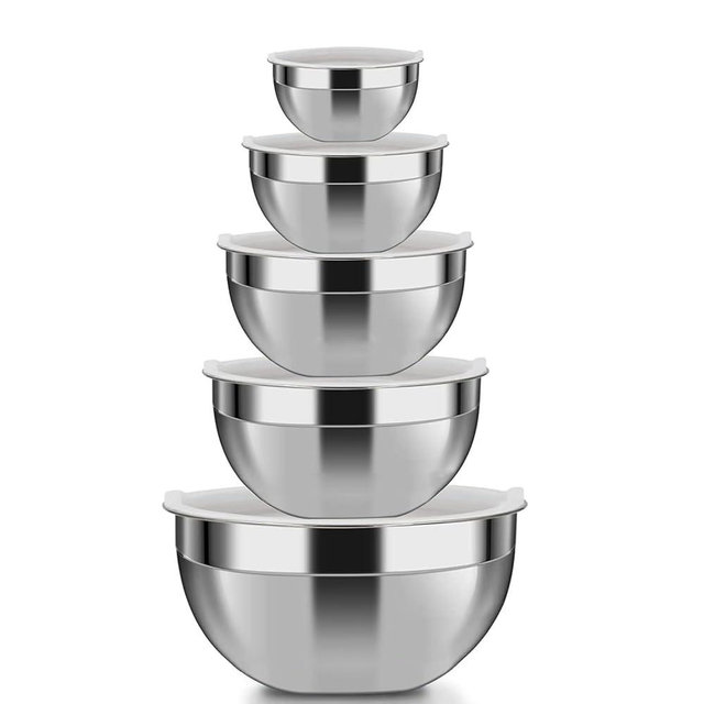 YUNYDSM Mixing Bowls, 5Pcs Stainless Steel Mixing Bowl Set, Kitchen Metal Bowls for the Kitchen, Multifunctional, Stackable, Dishwasher Safe, 3.75L / 3.25L / 2.5L / 2L / 1.3L (With lid)