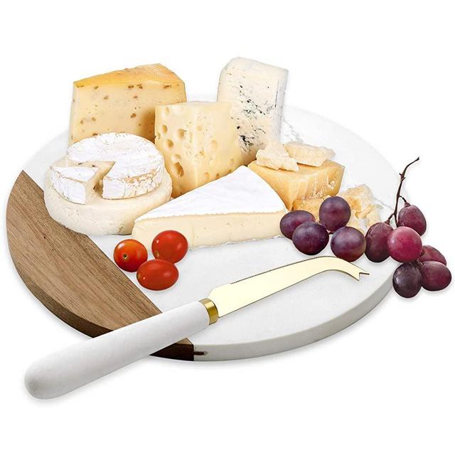 VUDECO White Marble and Acacia Wooden Cheese Board & Knife Set Marble Tray for Meats Breads Charcuterie Round Cutting Board Serving Board Stainless Steel Knife - 10 Inch Marble Slab Pastry Board