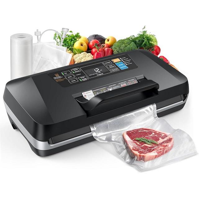 95KPa Vacuum Sealer Machine for food,Full Automatic with Double 12mm Heat Seal, 10in 1 Modes, Built in Cutter & Bag Storage, Includes 1 Roll and 10pcs Pre cut Bags