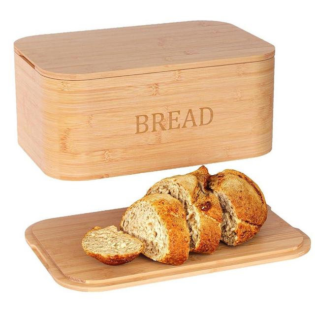 Danfoxer Bread Box for Kitchen Countertop,Curved Bamboo Bread Boxes with Cutting Board Lid,Wooden Bread Storage,Bread Container Airtight,Food Storage for Kitchen Counter(Natural)