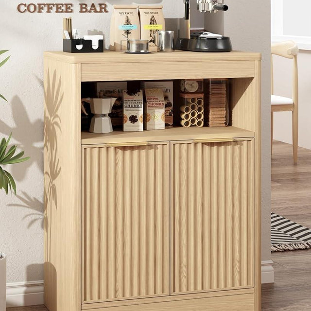 AURINEST Fluted Buffet Cabinet with Storage, Small Coffee Bar Cabinet with Doors & Adjustable Shelves, Wood Storage Cabinet for Kitchen, Living Room, Entryway, Oak