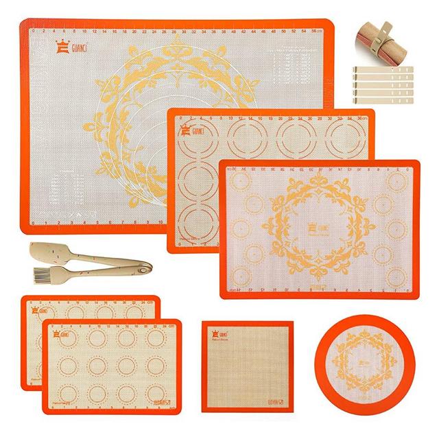 9-Piece Silicone Baking Mat Set,1Pcs 25''x17.5'' Pastry Mat, 2Pcs Half and 2Pcs Quarter Rolling Macaron Baking Mat,Square Mat & 9"Round Pizza Mat,Silicone Brush &Spatula for Cookies, Bread and Pastry