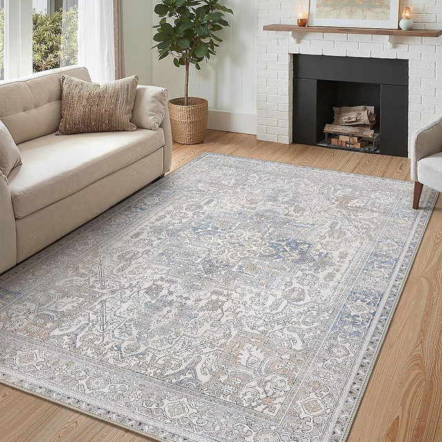GENIMO 5x7 Area Rugs for Living Room, Machine Washable Rugs, Low Pile Non Slip Rug for Bedroom, Dining Room, Home Office, Khaki Blue