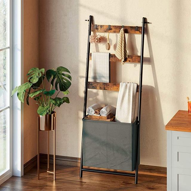 Rolanstar Ladder Shelf for Blanket, Wall-Leaning Blanket Rack with a Storage Basket and 4 Hanging Hooks, 3-Tier Farmhouse Leaning Shelf for Bathroom, Living Room,Rustic Brown