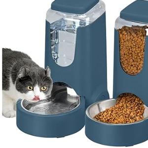2 Pack Automatic Cat Feeder and Dog Food Feeder, Gravity Stainless Steel Water Dispenser and Waterer Set for Small Medium Puppy Kitten Pets (1 Gallon x 2, Navy Blue)