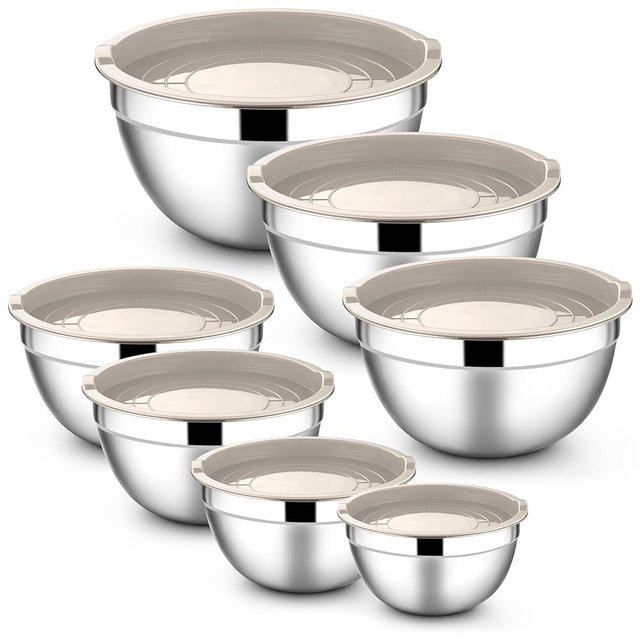 E-far Stainless Steel Mixing Bowls with Lids, 7-Piece Metal Mixing Bowls with Khaki Airtight Lids for Baking/Cooking/Prepping, Size 7, 4.6, 3, 2, 1.5, 1, 0.7QT, Nesting Design & Easy Storage