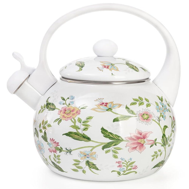 Jucoan 2.3 Quart Vintage Enamel Tea Kettle, Whistling Tea Kettle for Stove Top, Floral Enamel on Steel Teakettle Teapot for Home Kitchen Camping Picnic, Gift for Wedding Housewarming