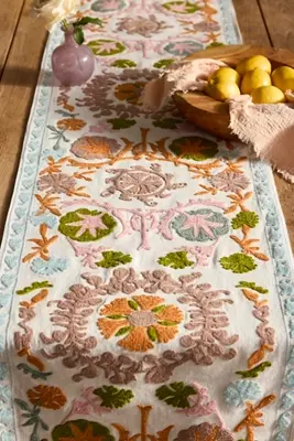 Colorful Crewel Stitch Cotton Runner