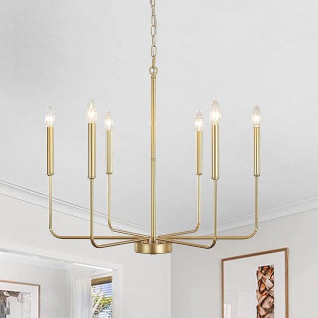 UWYTGF Modern Farmhouse Chandelier for Dining Room, 6 Lights Chandelier Light Fixture Adjustable Height,Hanging Candle Pendant Lighting for Kitchen Island Living Room Bedroom Foyer,Gold6 Light