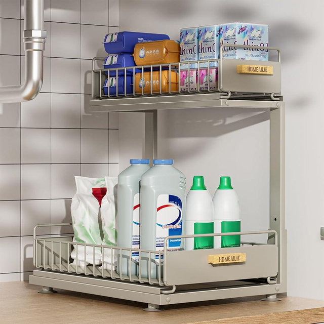 HOMEAILIE Under Sink Organizer, High Adjustable 2 Tier Under Kitchen Sink Organizer, Multi-Purpose Storage Shelf for Kitchen Bathroom Cabinet, Gray
