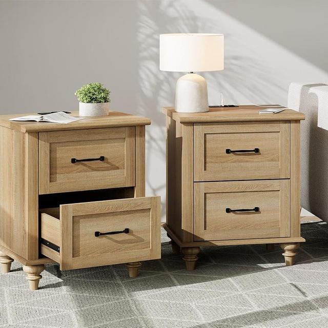 WAMPAT Nightstands with Charging Station Set of 2, 20 Inch Night Stand with 2 Drawers, Wooden Rustic Bedside Table End Tables with Solid Wood Legs for Bedroom & Living Room, Natural Oak