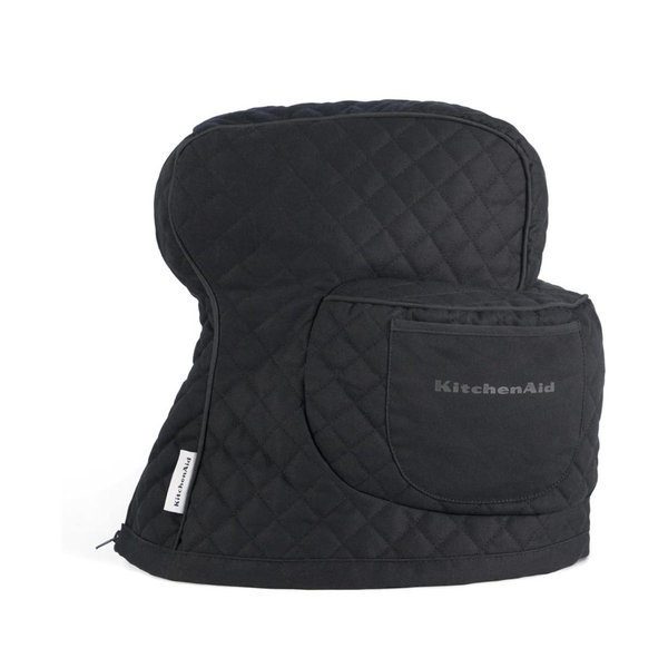 KITCHENAID Fitted Tilt-Head Solid Stand Mixer Cover with Storage Pocket, Quilted 100% Cotton, Matte Black, 14.4"x18"x10", NEW AND IMPROVED FIT