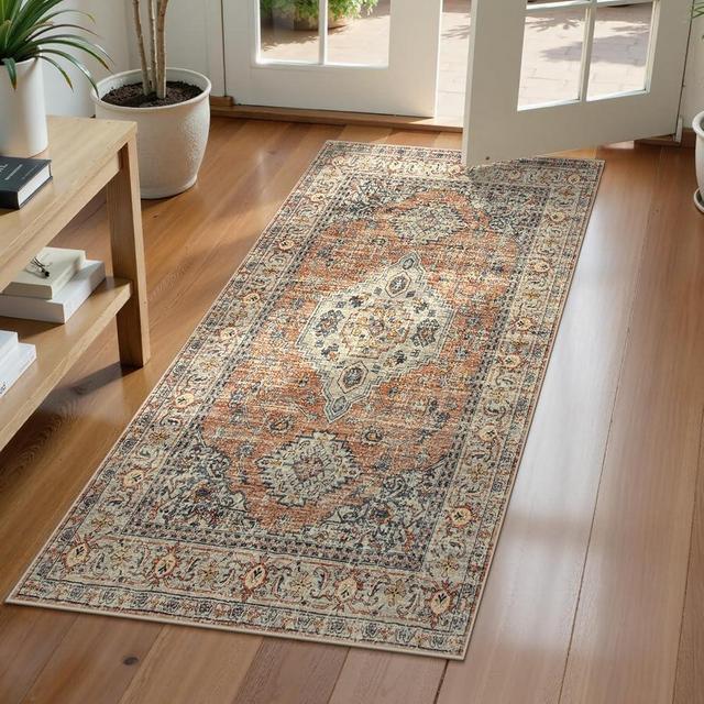 Lahome Oriental Small Area Rug, 2x4 Soft Washable Rugs for Entryway Kitchen, Non-Slip Ultra-Thin Fall Indoor Door Mat Distressed Vintage Small Carpet for Bathroom Bedroom, Peach/Orange