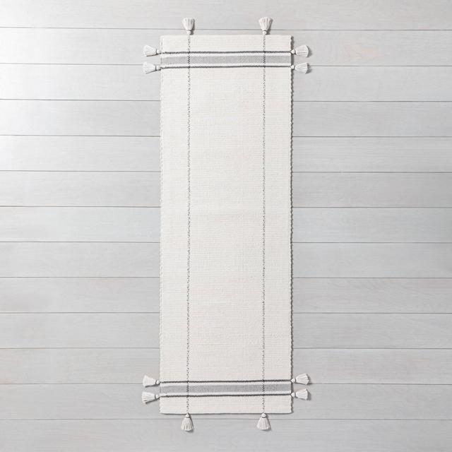 2'4" x 7' Simple Border Stripe with Corner Tassel Runner White/Gray - Hearth & Hand™ with Magnolia