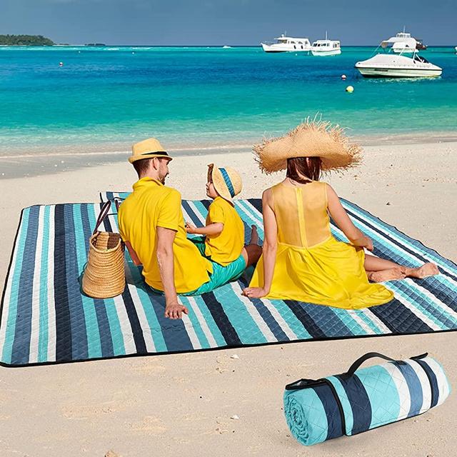 ZAZE Picnic Blankets Beach Blanket, 80''x80'' Extra Large Thick 3-Layers, Sandproof Machine Washable Waterproof Foldable Oversized XL Outdoor Mat, for Camping, Park, Travel, Grass(Blue White Stripe)